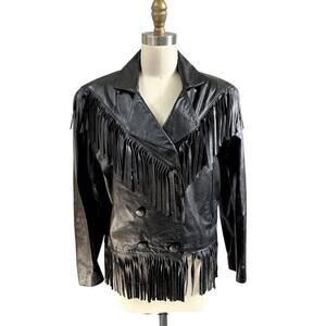 VTG 70s Genuine Black Leather Jacket w/ Fringe Womens Sz M Made in Argentina